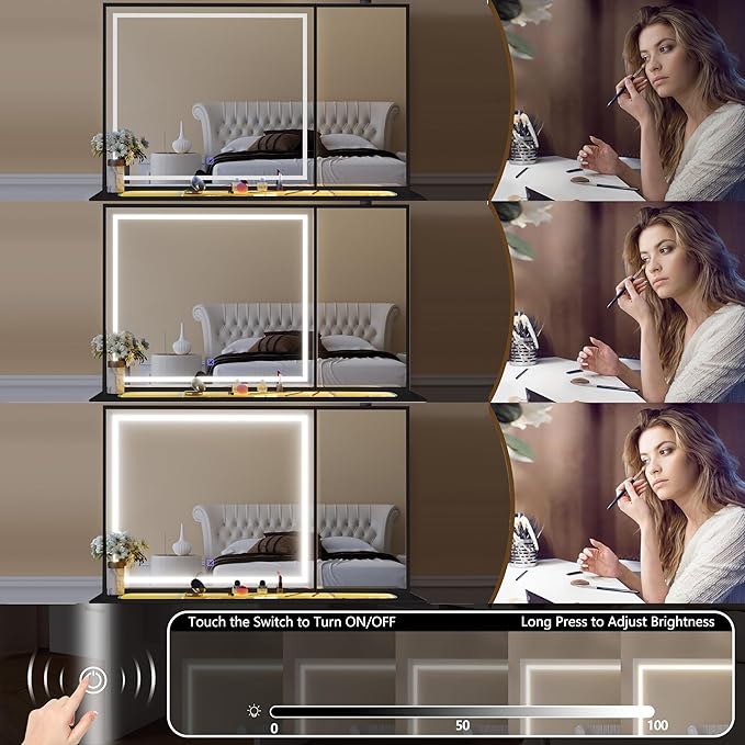 Glass Top Vanity Desk with Mirror and Lights, Black Makeup Vanity with RGB Drawer, Dressing Table with Adjustable Brightness, Vanity Set for Dressing Room (Black-Glass Top, with Stool)