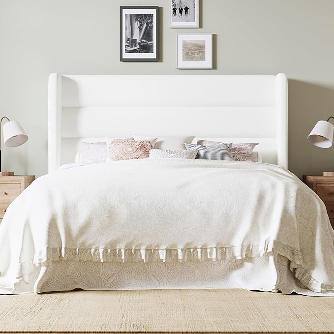 Allewie Queen Size Platform Bed Frame with Velvet Upholstered Wingback Headboard, No Box Spring Needed, Under Bed Storage Space, Strong Wooden Slats, Modern Mattress Foundation, Easy Assembly, White