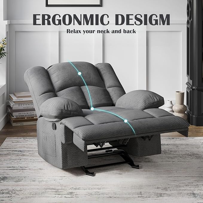 Oversized Rocker Recliner Chair, Wide Rocker Chair with Adjustable Backrest Footrest, Oversized Recliner for Adults, Cashmere Reclining Sofa for Living Room, Grey