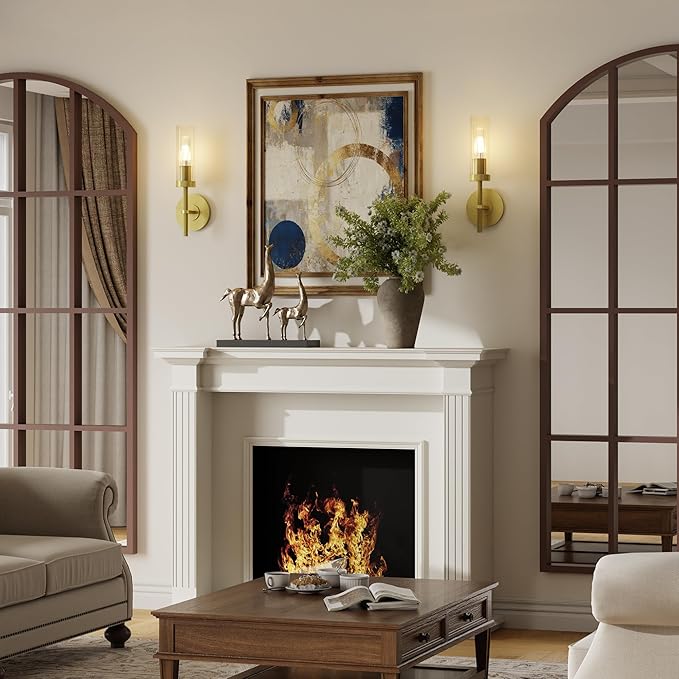 Wall Sconces Set of 2 (with 2 Bulbs), Modern Bathroom Wall Sconces Lighting with Thickened Glass, Hardwired Wall Mount Light Fixtures for Bathroom, Bedroom, Hallway, Living Room(Gold)