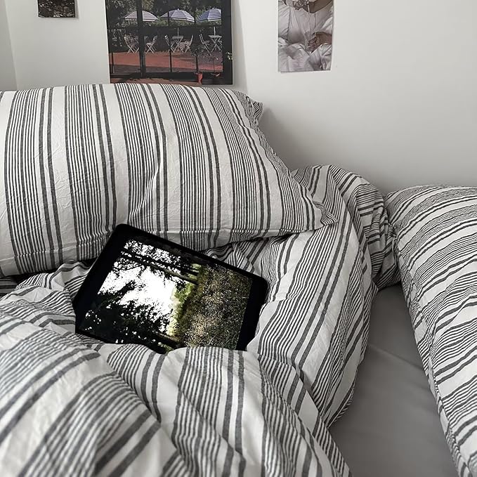 mixinni Vintage Grey & White Striped Comforter Set Full Size - Soft Washed Cotton 3-Piece Neutral Bedding Set, Retro Geometric Pattern, All-Season Breathable & Fluffy for Men, Boys