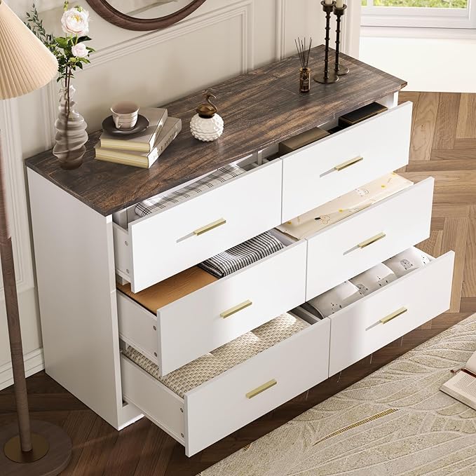 LIDYUK Dresser for Bedroom, Wood Dresser with 6 Drawers, Modern Minimalist Style Dressers & Chests of Drawers, 48 Inches Wide Chest of Drawers for Bedroom, Hallway, Living Room, White