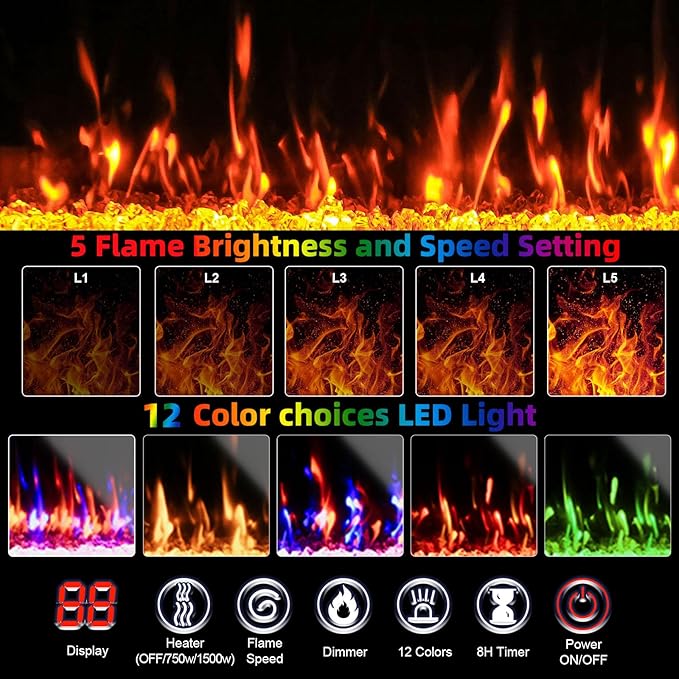 Ludatido 80 Inch TV Stand with 42 inch Electric Fireplace 27 Inch high LED Light Entertainment Center with 3 Open Storage compartments for TVs Up to 90" Black