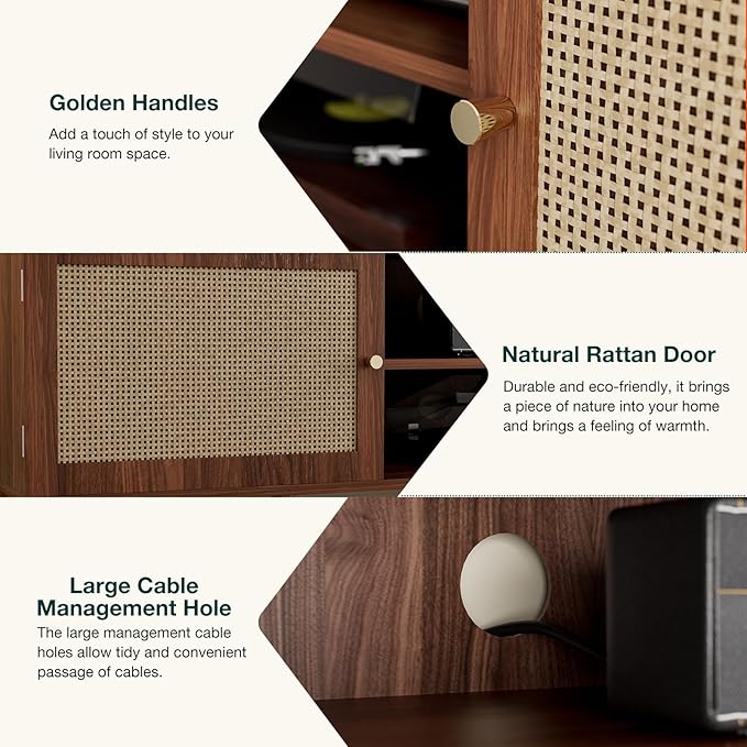 TV Stand for TVs up to 65'', Entertainment Center With Rattan Door, Shelves & 2 Cabinets, Long Boho Media Console for Living Room, Walnut