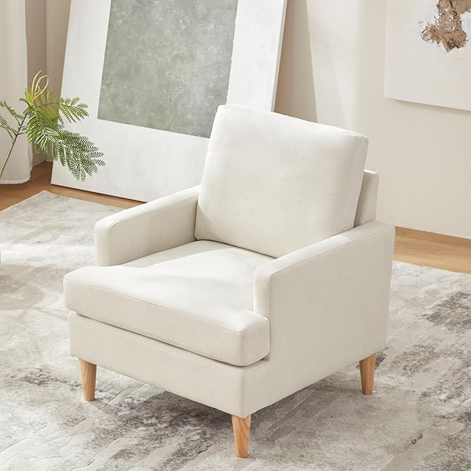 VKNOW Mid-Century Accent Chairs Set of 2, Modern Upholstered Chenille Armchair for Living Room,Comfy Reading Accent Chairs with Wood Legs for Bedroom, Beige Polyester