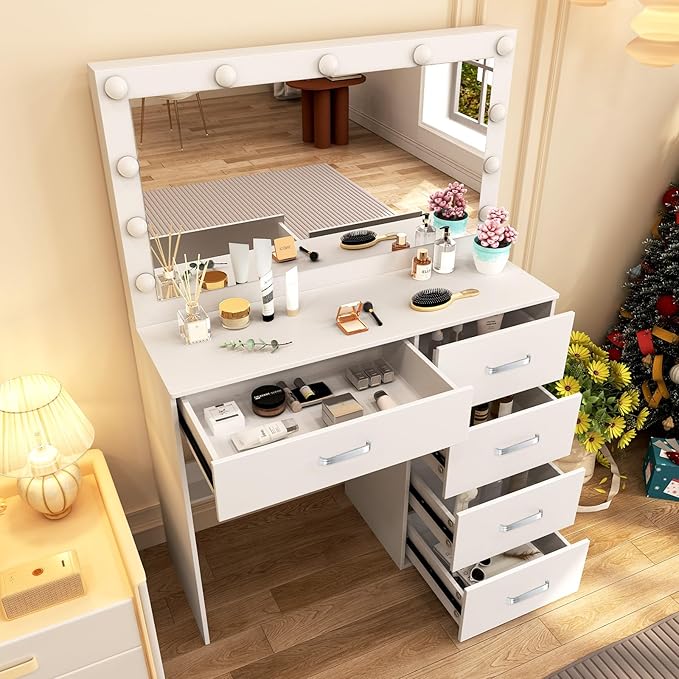 Makeup Vanity Desk with Large Mirror and Lights, White Makeup Vanity Table Set with Storage Drawers, Vanity with Lights for Bedroom, Dressing Table for Teen Girls and Women