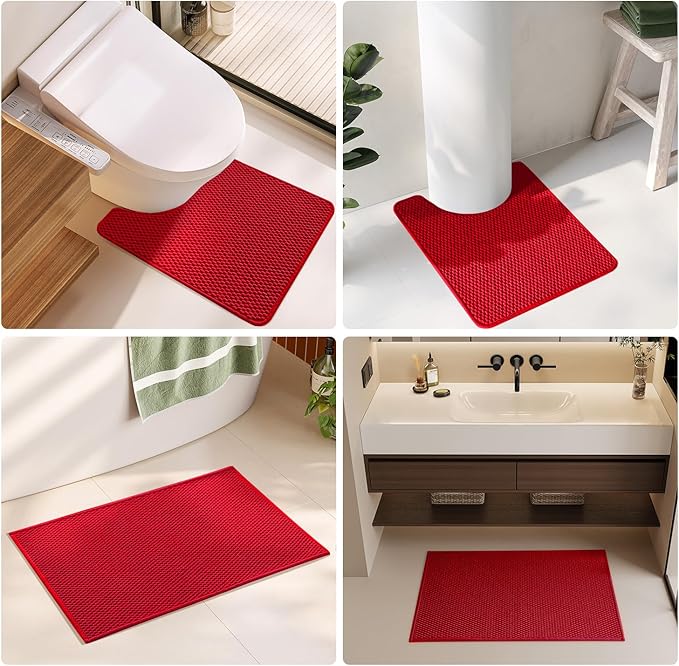 Red Bathroom Rug, 20"x24" U Shape, Non Slip, Quick Dry, Machine Washable, Low Pile Chenille Bath Mat