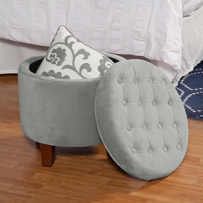 Homepop Home Decor | Upholstered Round Velvet Tufted Foot Rest Ottoman | Ottoman with Storage for Living Room & Bedroom | Decorative Home Furniture, Gray Small