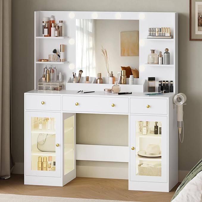 Vanity Desk with Mirror and Lights, White Makeup Vanity Mirror with Lights Desk, Dressing Table with RGB Cabinet & 3 Drawers, Makeup Desk with Storage Shelves for Girls Bedroom, 3 Color Modes
