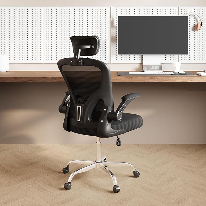 DEVAISE Office Chair High Back Mesh Ergonomic Desk Chair with Flip-up Armrests, Adjustable Headrest and Lumbar Support, Black
