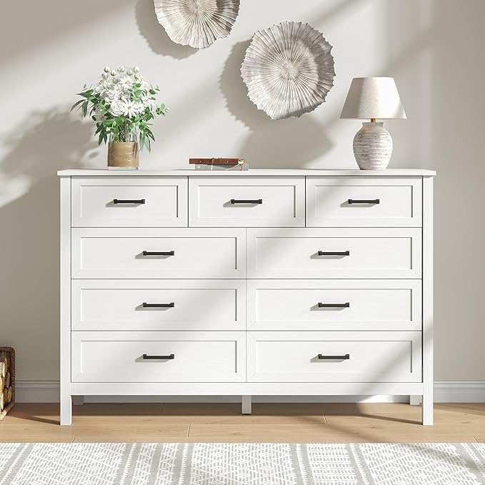 Farmhouse 9 Drawers Dresser for Bedroom, 37 Inch Tall Wood Rustic Wide Chest with Natural Texture, Large Dressers for Bedroom, Hallway, Entryway, White