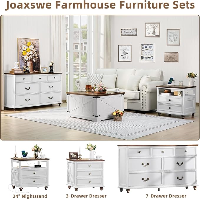 Farmhouse 54" 7 Drawers Dresser for Bedroom, White Wood Chest of Drawers w/ 4 Wooden Legs, Vintage Closet Storage Dressers Organizer for Hallway, Rustic Large TV Stand for Living Room, Foyer