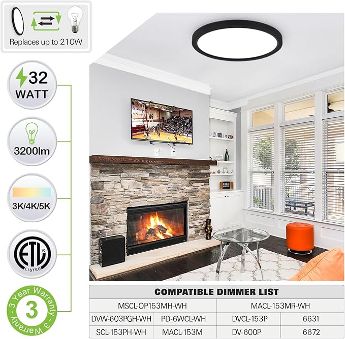 hykolity 18 Inch LED Round Flat Panel Light, Black, 32W, 3200lm, 3000K/4000K/5000K CCT Selectable, 120°Beam Angle, Dimmable Edge-Lit Flush Mount Ceiling Light Fixture - ETL Listed