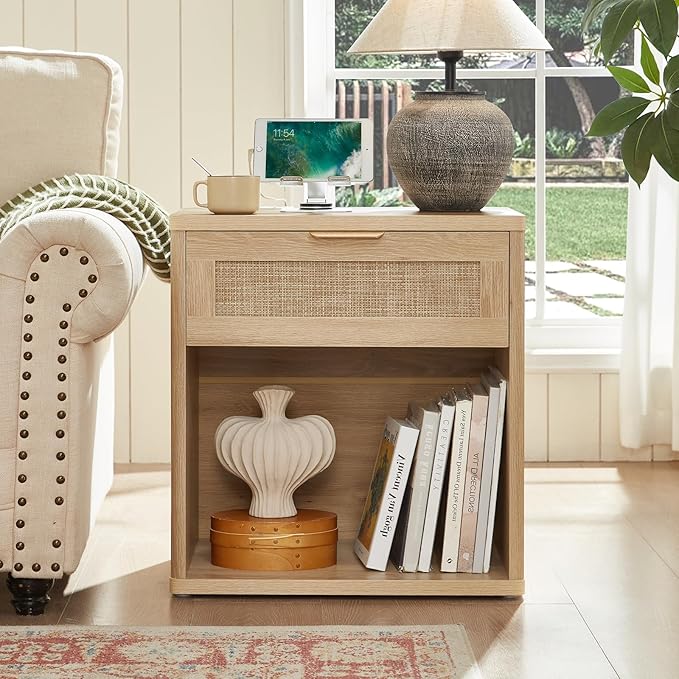LEYAOYAO Rattan Nightstand with Charging Station, 23" Wide Boho Night Stand with Drawer, Natural Wood Bedside Table Open Storage Cabinet, Bed Side End Tables Dresser for Bedroom, Living Room, Hallway