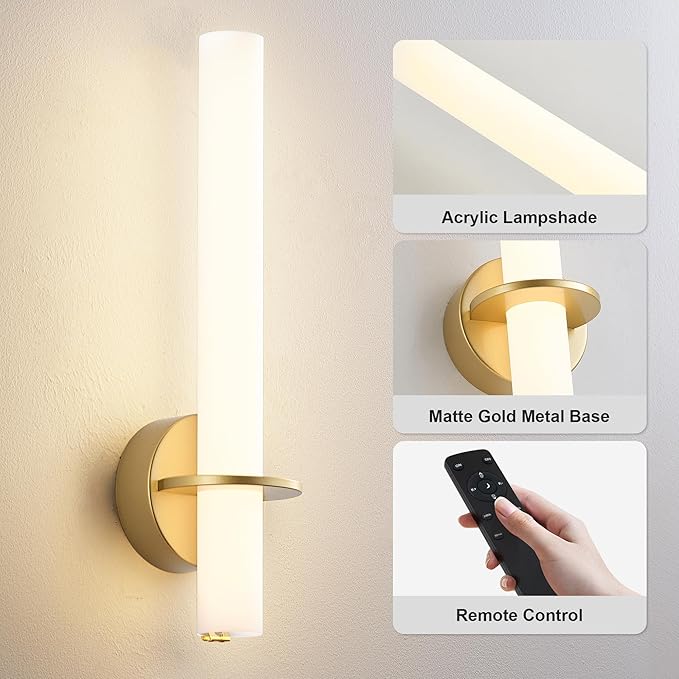Gold Battery Operated Sconce Set of 2, Rechargeable Wireless Wall Lights with Remote Control,Dimmable,3000K-6000K,360° Rotation, Cordless Lighting for Living Room,Bedroom,Hallway,18 Inch