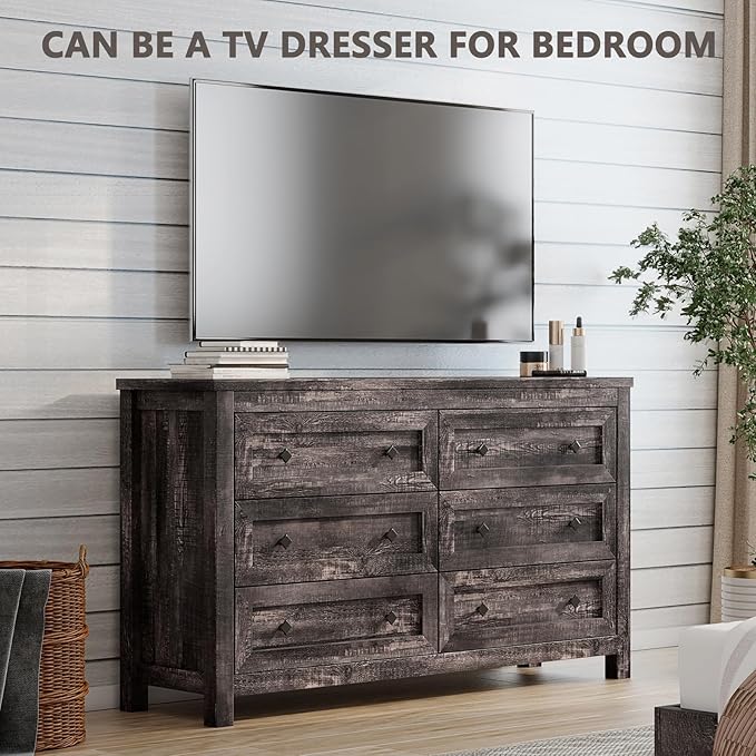 Farmhouse 6 Drawers Dresser, Wood Rustic Chest of Drawer for Bedroom, Closet Storage Dressers Organizer, 6 Drawers Chest for Living Room, Hallway, Dark Rustic Oak