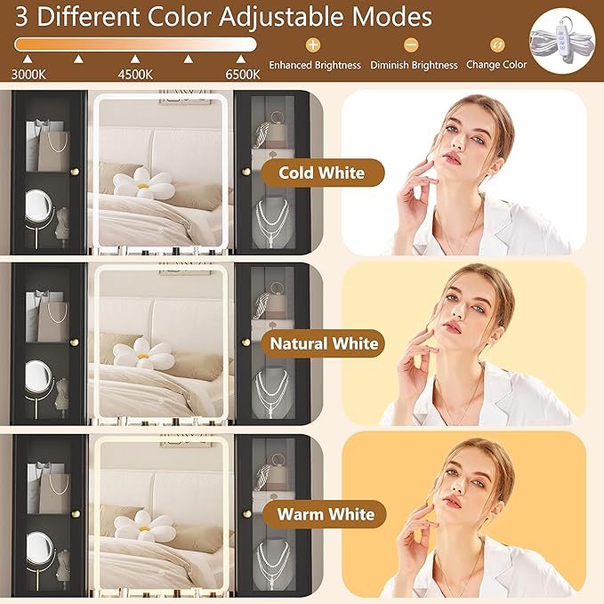 Black Vanity Desk with Mirror and Lights, Makeup Vanity Table with Lighted Mirror, 5 Drawers & RGB Cabinet, Dressing Table Set with Charging Station for Girls Bedroom, 3 Lighting Modes