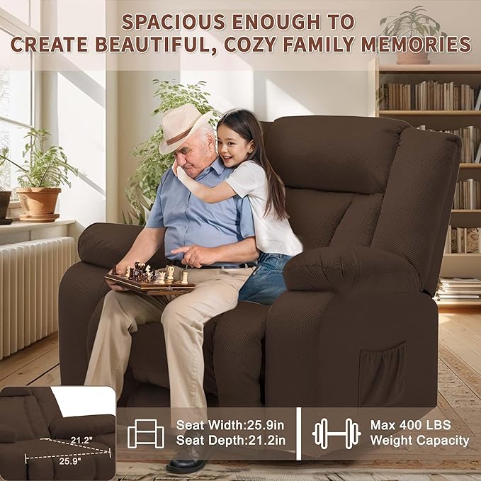 Oversized Dual Motor Power Lift Recliner for Adults, Electric Lift Chair with Heating and Massage, Waffle Fabric Electric Recliner Chair with Side Pockets, Wide Recliner for Living Room