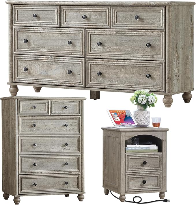 Farmhouse Dressers & Night Stand Set of 3, Wood 54" Wide Dresser & 43.5"Tall Chest of Drawers, 18" with Charging Station Nightstand, Bedroom Furniture 7 Drawer Dresser Set for Home Living Room Hallway