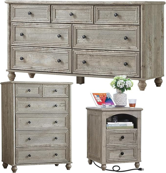 Farmhouse Dressers & Night Stand Set of 3, Wood 54" Wide Dresser & 43.5"Tall Chest of Drawers, 18" with Charging Station Nightstand, Bedroom Furniture 7 Drawer Dresser Set for Home Living Room Hallway