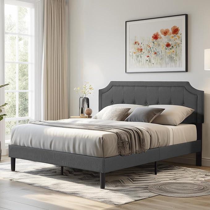 VECELO Queen Size Platform Bed Frame with Fabric Upholstered Headboard and Wooden Slats Support, No Box Spring Needed/Easy Assembly,Grey