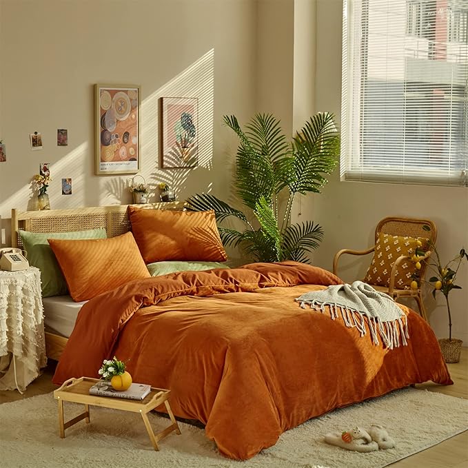 CLOTHKNOW Burnt Orange Fluffy Full Size Comforter Sets Rust Velvet Bedding Comforter Sets Soft Caramel Orange Comforter with 2 Pillow Cases
