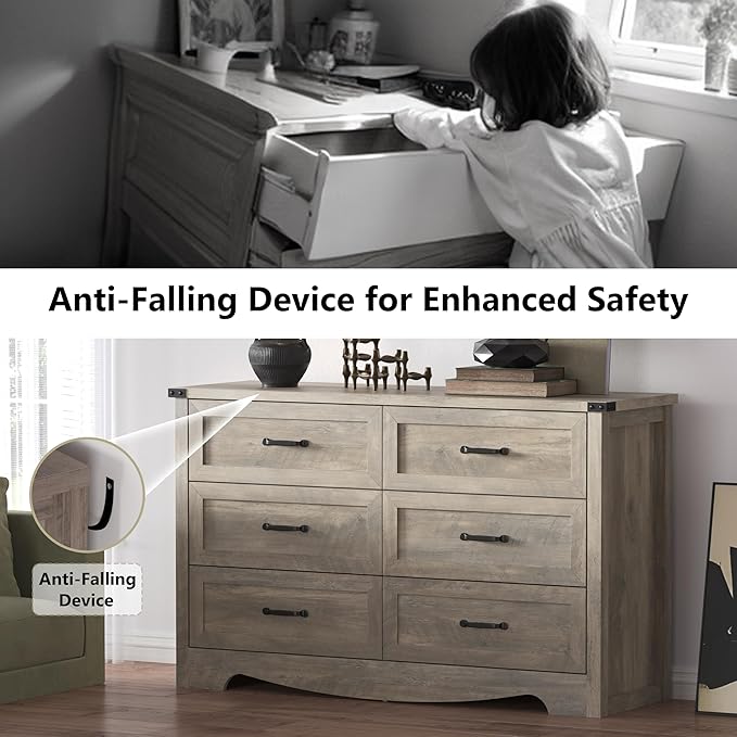 6-Drawer Dresser for Bedroom – 47" Wide Modern Wooden Chest with Natural Wood Texture, TV Stand & Storage, Metal Corner Brackets, Wood Drawer Organizer for Living Room, Hallway