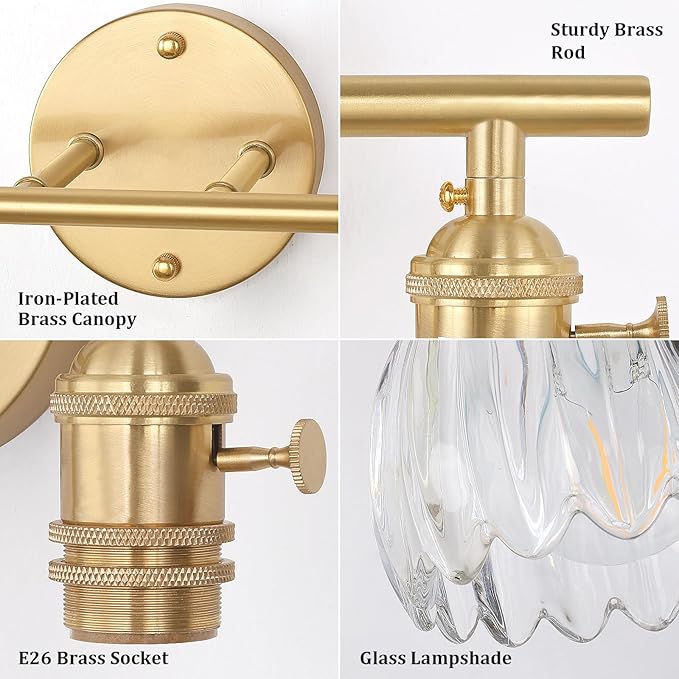 Bathroom Light Fixtures, 2-Light Brass Vanity Wall Light Over Mirror with Clear Tulip Glass Shade for Bedroom Living Room
