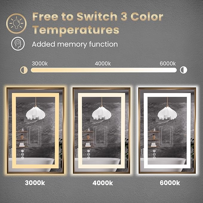 Amorho 48"x 40" Gold LED Bathroom Mirror, Metal Framed Mirror with Front Light and Backlit, Stepless Dimmable, Anti-Fog, Shatter-Proof, Memory, 3 Colors