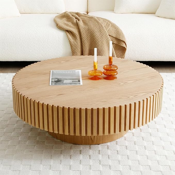 Round Coffee Table for Living Room, Accent Fluted Drum Coffee Table with Storage, Modern Solid Wood Circle Center Tea Table for Small Space Apartment (31.5''D×14''H-Natural)