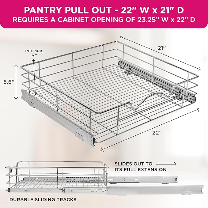 HOLDN’ STORAGE Pull Out Cabinet Organizer, Individual Sliding Drawers - Heavy Duty Metal with Lifetime Limited Warranty - Anti Rust Chrome Finish (Single Tier, 22" W)
