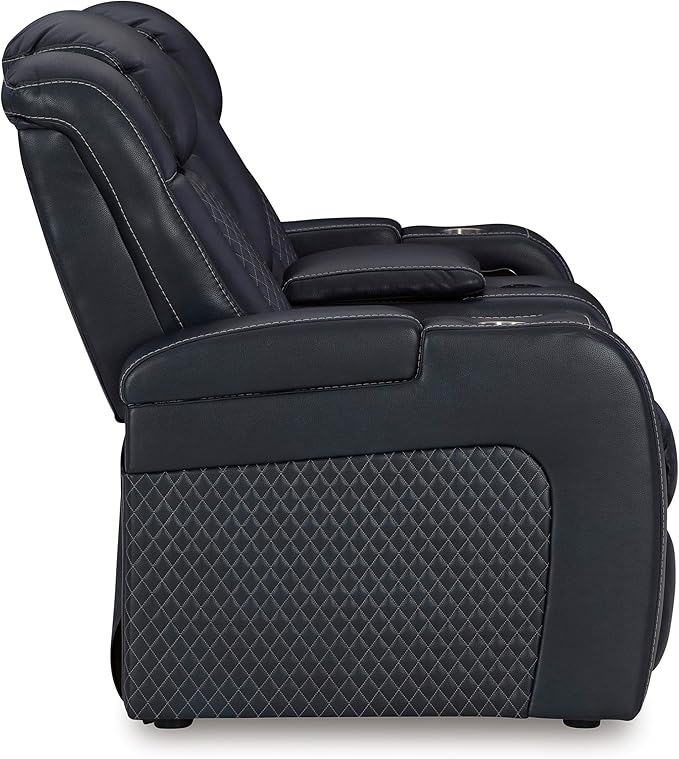 Signature Design by Ashley Fyne-Dyme Contemporary Power Reclining Loveseat with Console, USB Charging Ports and Adjustable Headrest, Blue