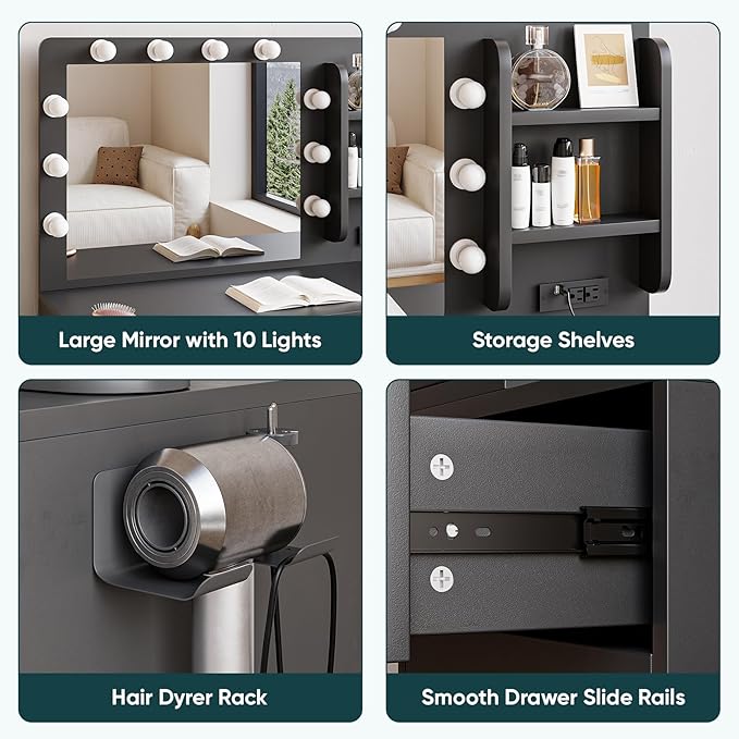 Semiocthome Makeup Vanity Desk with Mirror and Lights, Make Up Vanity Table Set with Power Outlet, Shelves and 5 Drawers, 3 Lighting Modes & Adjustable Brightness Dressing Table with Chair - Black
