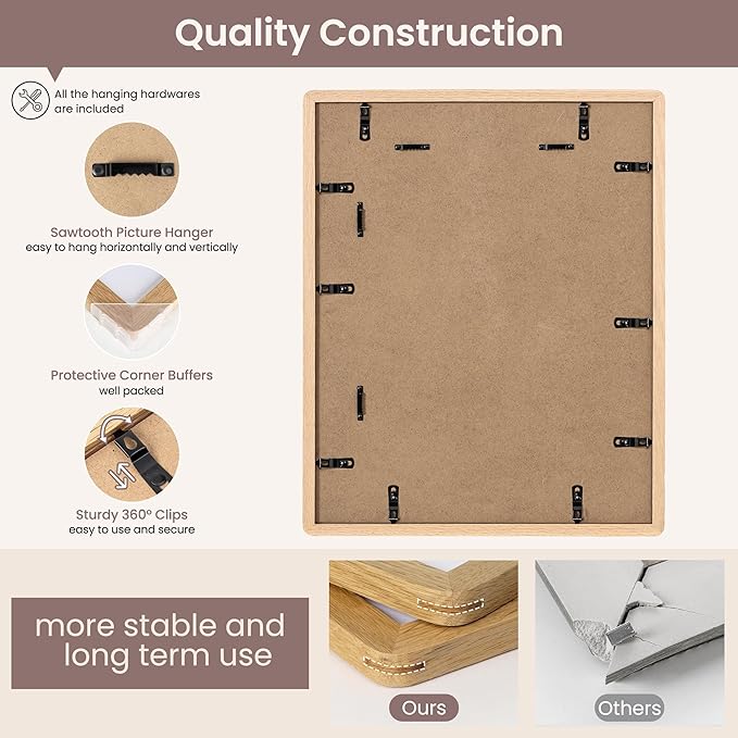 16 x 20 Picture Frame - Solid Oak Wood 16x20 Poster Frame, 16''x20'' Picture Frame With Mat For 11x14, Tempered Glass and Hanging Hardware Included, 20 x 16 Wall Art Wood, Natural Oak