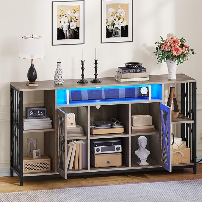 YITAHOME TV Stand for 70/65 Inch TV, 33.5'' Tall TV Stands for Living Room, Entertainment Center with Storage, LED TV Stand with Power Outlets, TV Media Console Cabinet, Grey