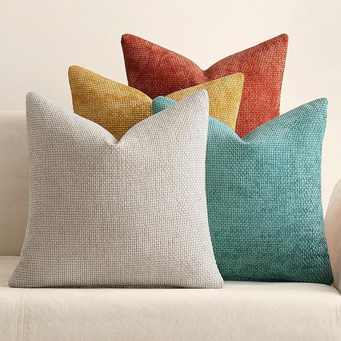 MIULEE Pack of 4 Couch Throw Pillow Covers 20x20 Inch Neutral Orange/Teal Soft Decorative Chenille Pillow Covers Farmhouse Accent Cushion Covers for Boho Home Decor Spring Sofa Bedroom Living Room