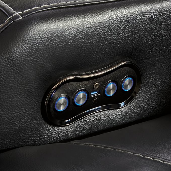 Signature Design by Ashley Caveman Den Modern Faux Leather Power Reclining Sofa with Adjustable Headrest, Drop Down Table, Electrical Outlets and LED Reading Lights, Black