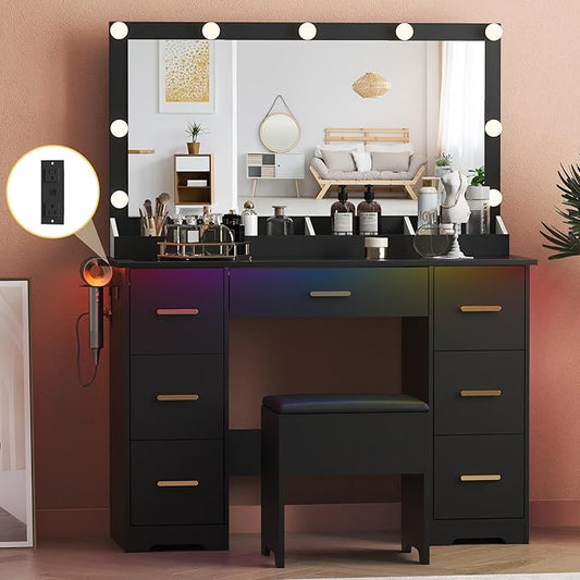 Makeup Vanity Desk with Large Lighted Mirror and Lights, Glass Top Vanity Table Set with 7 Drawers, Power Outlet & Storage Stool, Dressing Table with RGB Ambient Light for Women Girls Bedroom, Black