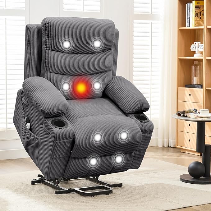 Power Lift Recliner Chair for Elderly, Living Room Massage & Heat, Small Spaces Useage or RV Single Sofa for Adults, 135° Reclining Accent Chairs, 2 Cup Holders and Side Pockets (Corduroy Gray)