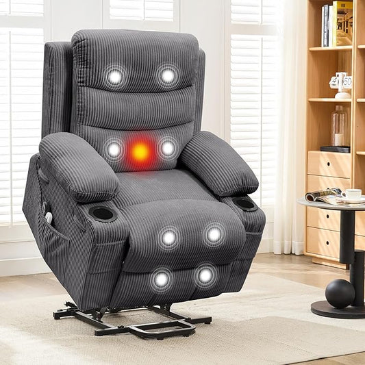 Power Lift Recliner Chair for Elderly, Living Room Massage & Heat, Small Spaces Useage or RV Single Sofa for Adults, 135° Reclining Accent Chairs, 2 Cup Holders and Side Pockets (Corduroy Gray)