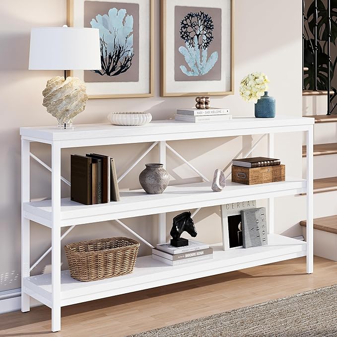 karlott 3-Tier Console Table, 55.1" Entryway Table with Metal Frame and Open Shelves, Modern Behind Couch Sofa Table for Living Room, Hallway, Foyer, Entrance, Industrial, Bookshelf, White