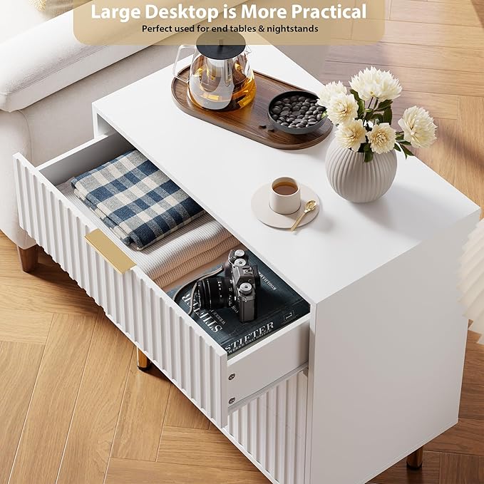 White 3 Drawer Dresser for Bedroom, Fluted Modern Nightstand with Deep Drawers, Chest of Drawers with Wide Top, Wooden Dresser Organizer, Side Table for Living Room, Hallway, Kids Room