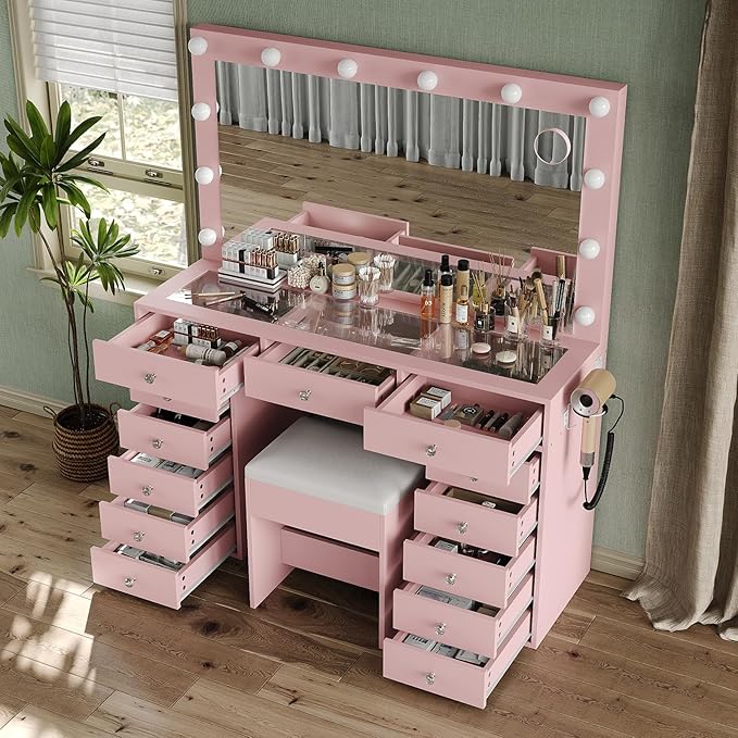 Vanity Desk with Mirror and Lights, 13 Drawers Makeup Vanity with Glass Top, 3 Color Lighting Modes, Makeup Vanity with Chair for Bedroom (Pink)