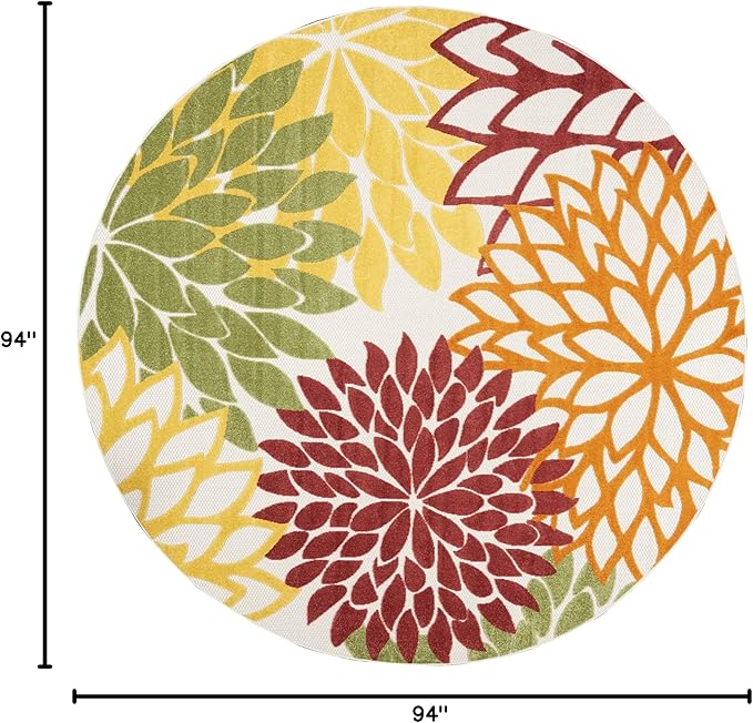 Nourison Home Aloha 94" Round Fabric Indoor/Outdoor Rug in Red Multi-Color