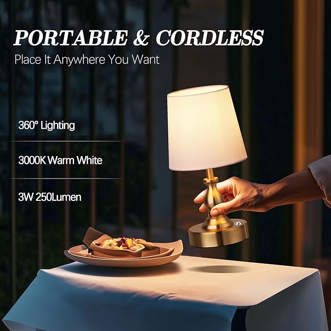 PARTPHONER Mini Cordless LED Table Lamp, 5200mAh Rechargeable Battery Operated Lamp, 3-Level Brightness, Touch Dimmable Desk Lamp, Bedside Night Light for Patio Camping Restaurant Home, Antique Brass