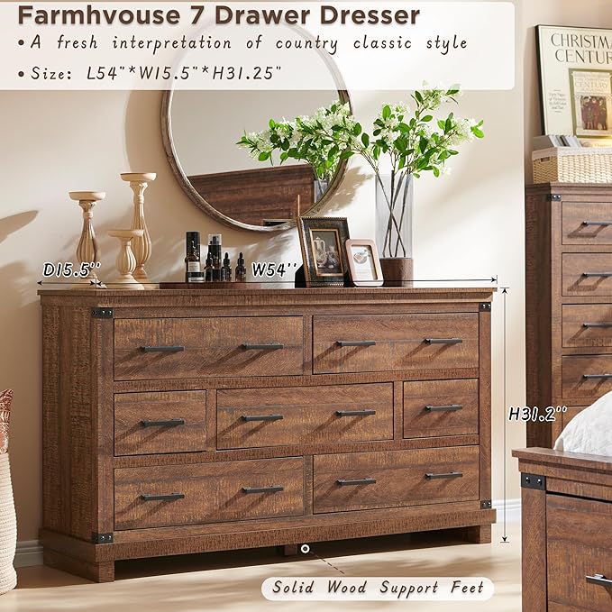 Farmhouse 7 Drawers Dresser for Bedroom, Large Chest of Drawers with Thick Plank Styling, Wood Closet Dresser for Bedroom or Living Room, Reclaimed Barnwood Color