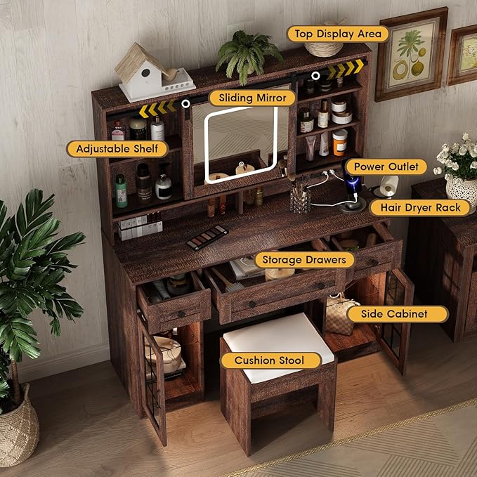 Fameill 45.5'' Farmhouse Makeup Vanity Desk with Sliding Mirror, Vanity Table with 3 Drawers and 2 Cabinets, Charging Station & LED Lights, Storage Shelves, Stool Included, Dressing Table for Bedroom