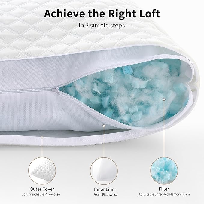 DAYLUCK Cooling Bed Pillows for Sleeping 2 Pack, Standard/Queen Size Set of 2, Firm and Soft Adjustable Shredded Memory Foam Pillows for Side Back Stomach Sleepers, Neck Pain Relief