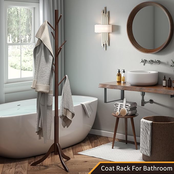 Coat Rack Freestanding, Coat Stands Entryway, Bamboo Coat Rack Hat Hanger 8 Hook for Jacket, Purse, Scarf Rack, Umbrella Tree Stand (Brown)