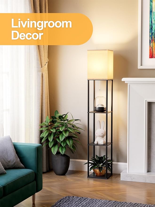 Floor Lamp with Shelves for Living Room 2 Pack, Shelf Floor Lamp with 3 CCT LED Bulb, Corner Display Standing Column Lamp Etagere Organizer Tower Nightstand with White Linen Shade for Bedroom, Office